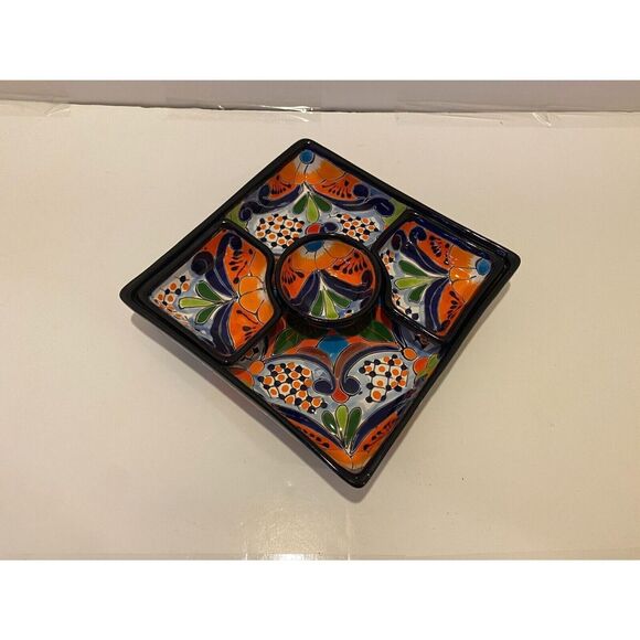 Vintage Talavera Large Hand Painted Serving Plate and 2 Small Corner Dishes Blue - Picture 3 of 12